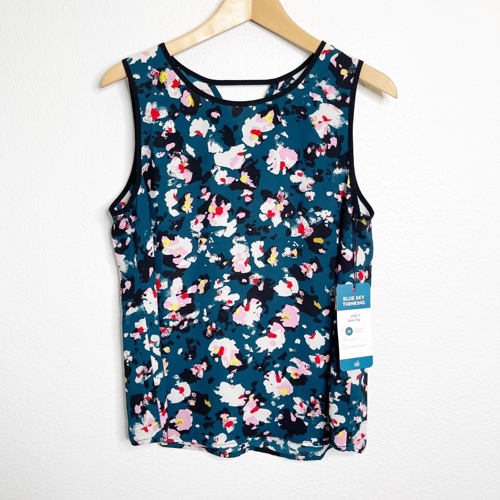 Cabi Spirit Top 4732 Cottonwood Print Teal Floral Sleeveless Blouse Women Medium